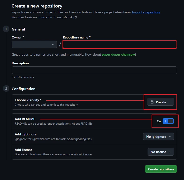 GitHubの新規リポジトリ作成画面