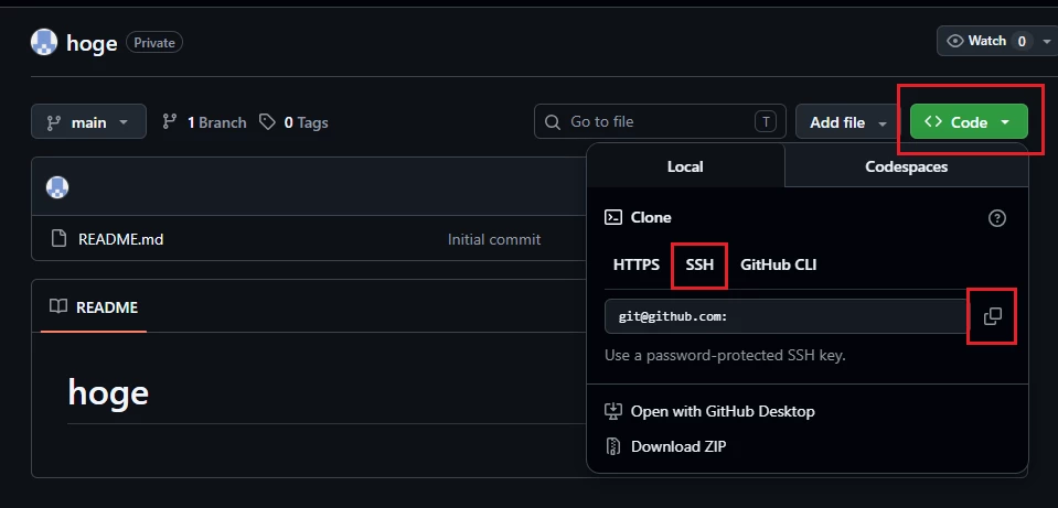 GitHubのCodeメニューでSSH URLをコピーする画面